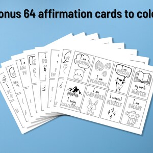 May include: A set of 64 black and white printable affirmation cards featuring positive messages and illustrations of animals. The cards are ready to be coloured.
