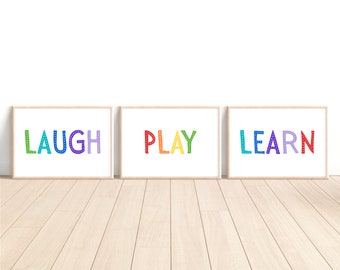Laugh Play Learn Set of 3 Printables, Bright Classroom Decor, Playroom Wall Decor, Let's Laugh Let's Play Let's Learn, Motivational Kids Art
