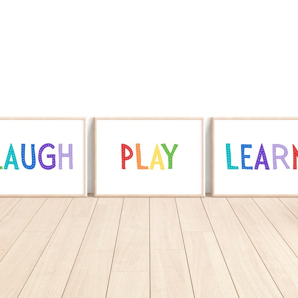 Laugh Play Learn Set of 3 Printables, Bright Classroom Decor, Playroom Wall Decor, Let's Laugh Let's Play Let's Learn, Motivational Kids Art