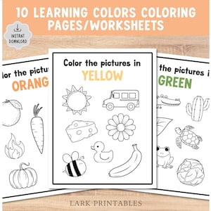 Puede incluir: Un conjunto de hojas de trabajo educativas para colorear tituladas 10 LEARNING COLORS COLORING PAGES/WORKSHEETS. Las páginas presentan ilustraciones en blanco y negro de objetos categorizados por color, incluyendo temas naranja, amarillo y verde.