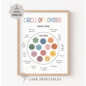 May include: A framed print titled "Circle of Control" with a pastel color scheme. The design features a circular diagram with sections labeled "I Can Control" and "I Can Not Control," offering a visual guide for self-awareness and personal growth.