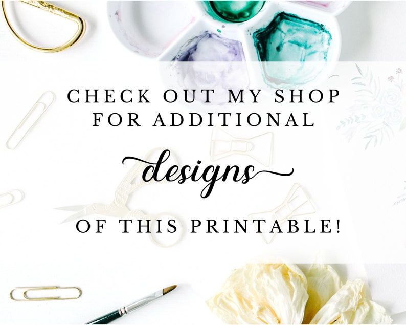 May include: White background with stationery and art supplies. The image includes a watercolor palette with green and purple paint, gold paper clips, a paintbrush, and the text "CHECK OUT MY SHOP FOR ADDITIONAL designs OF THIS PRINTABLE!"