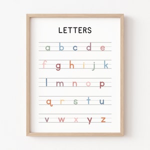 Cartel del alfabeto del arco iris, impresión del gráfico de escritura a mano, arte educativo de la pared imprimible, decoración del aula de la escuela en el hogar, cartel del ABC, regreso a la escuela