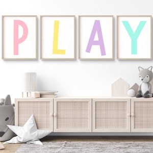 Set of 4 Playroom Prints, Nursery Wall Art, Play Sign, Playroom Wall Decor, Let&#39;s Play Sign, Pastel Playroom Prints, Kids Wall Decor