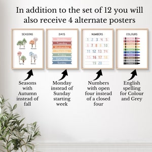May include: Four printable posters for a classroom or playroom. The posters feature colorful illustrations of seasons, days of the week, numbers 1-20, and colors. The text on the posters reads "Seasons", "Days", "Numbers", and "Colours".