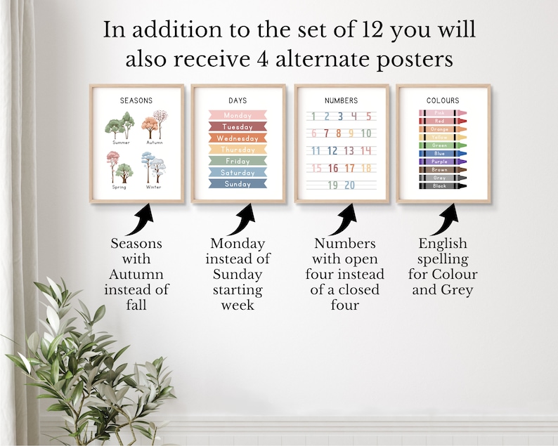 May include: Four printable posters for a classroom or playroom. The posters feature colorful illustrations of seasons, days of the week, numbers 1-20, and colors. The text on the posters reads "Seasons", "Days", "Numbers", and "Colours".