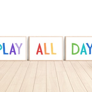 Set of 3 Playroom Prints, Playroom Sign Nursery Wall Art, Let&#39;s Play Sign, Playroom Wall Decor, Kids Room Decor Wall Art, Rainbow Playroom