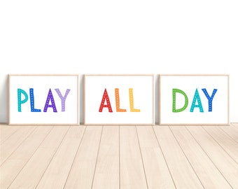 Juego de 3 impresiones de sala de juegos, letrero de sala de juegos Nursery Wall Art, Let's Play Sign, decoración de pared de sala de juegos, decoración de habitaciones para niños Arte de pared, Rainbow Playroom