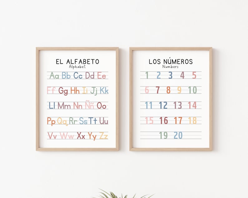 May include: Two framed educational posters, one with the Spanish alphabet "EL ALFABETO" and the other with Spanish numbers "LOS N&Uacute;MEROS". Both posters have a white background with black lines and colorful letters and numbers.