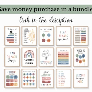 K&ouml;nnte beinhalten: Ein Set aus 10 druckbaren Postern mit positiven Affirmationen und motivierenden Zitaten. Die Poster zeigen einen Regenbogen, Blumen und eine Sonne. Die Poster sind im minimalistischen Stil gehalten und haben eine neutrale Farbpalette in Beige, Braun, Rosa und Blau.