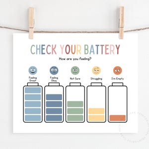 May include: A printable chart with the text "Check Your Battery" and a series of five battery icons with different levels of fullness. Each battery icon is paired with a corresponding emoji and text describing a feeling: Feeling Great, Feeling Okay, Not Sure, Struggling, I'm Empty.