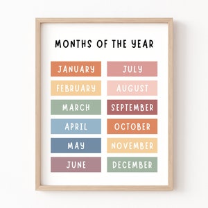 Months of the Year Printable, Educational Posters, Kindergarten Poster, Classroom Posters, Educational Wall Art, Preschool Decor, Homeschool