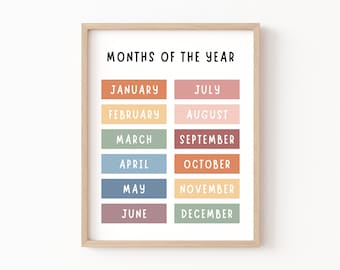 Months of the Year Printable, Educational Posters, Kindergarten Poster, Classroom Posters, Educational Wall Art, Preschool Decor, Homeschool