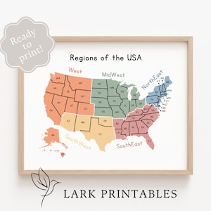 Regionen der USA Karte Klassenzimmer Wanddekor Lernposter Printable Geographie Montessori Homeschool Ressourcenregionen der Vereinigten Staaten von Amerika