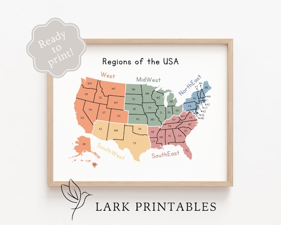 Regions of the USA Map Classroom Wall Decor Educational Poster Printable Geography Montessori Homeschool Resource Regions of United States