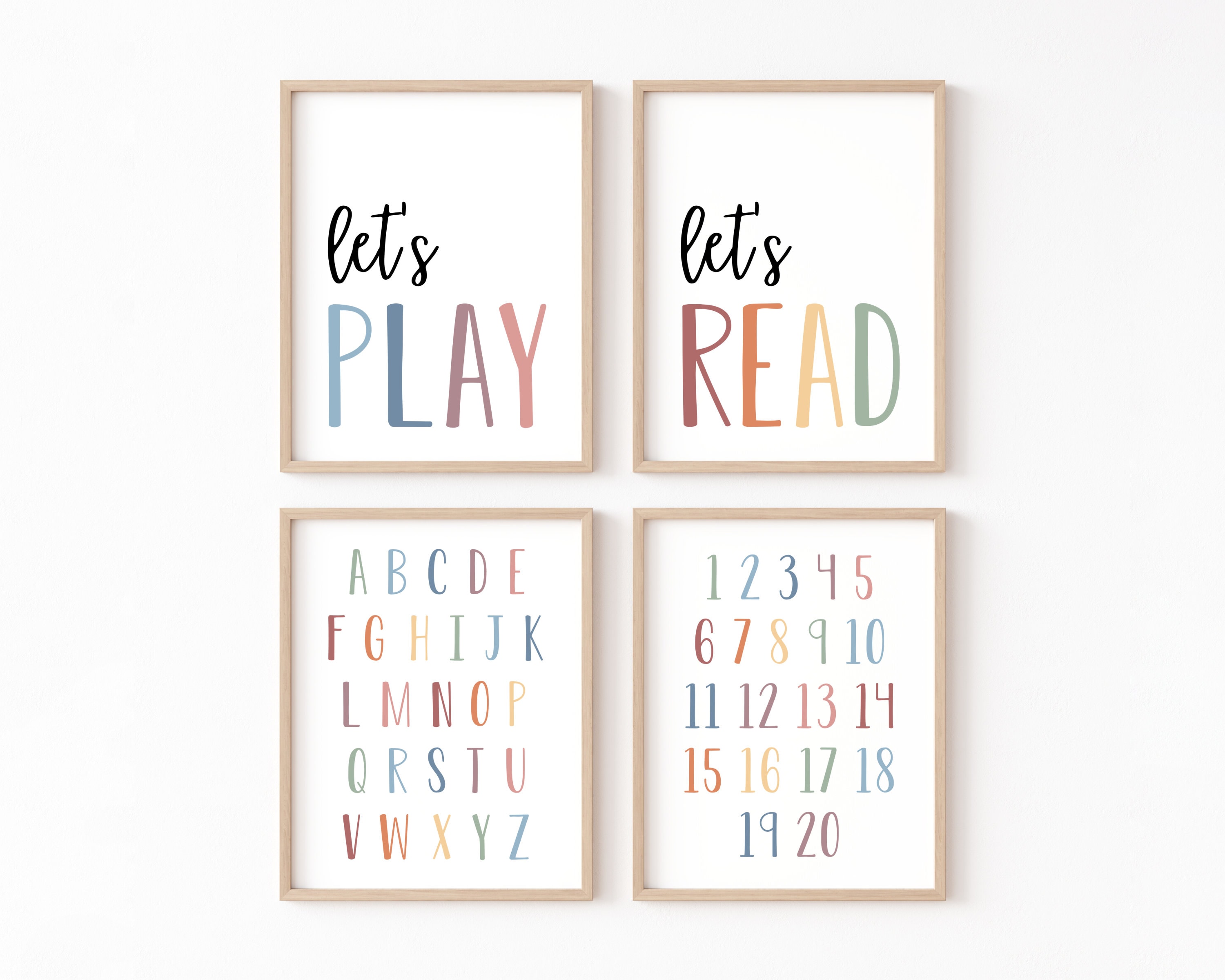 Lets Play Printable Set of 4, Boho Classroom Decor, Lets Play Set, Rainbow Alphabet Poster, Lets Read, Lets Play Sign, Playroom wall decor