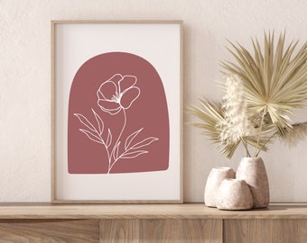 Mauve Wall Art, Botanical Line Art, Mid Century Modern Wall Art, Boho Home Decor, Minimal Botanical Line Print, Boho Leaf Printable Wall Art