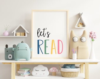 Let's Read Sign, Playroom Printable, Kids Read Wall Art, Playroom Poster, Kids Printables, Reading Corner, Pastel Playroom, Classroom Poster