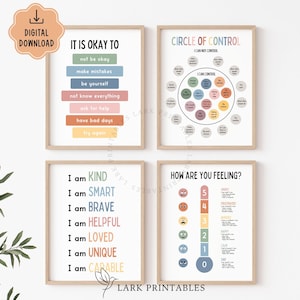 May include: Four framed art prints with inspirational messages. One print reads "It is okay to" with a list of affirmations. Another shows a "Circle of Control" diagram. The third says "I am kind, smart, brave..." and the last one shows a feelings chart.