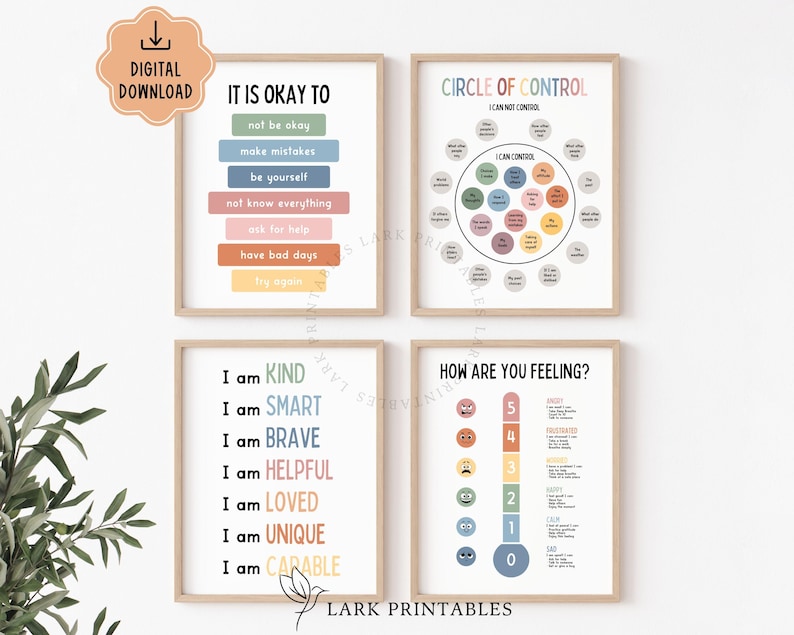 May include: Four framed art prints with inspirational messages. One print reads "It is okay to" with a list of affirmations. Another shows a "Circle of Control" diagram. The third says "I am kind, smart, brave..." and the last one shows a feelings chart.