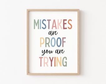 Mistakes Are Proof That You Are Trying Printables, Growth Mindset, Boho Classroom Decor, Therapy Office Decor, Homeschool Classroom Posters