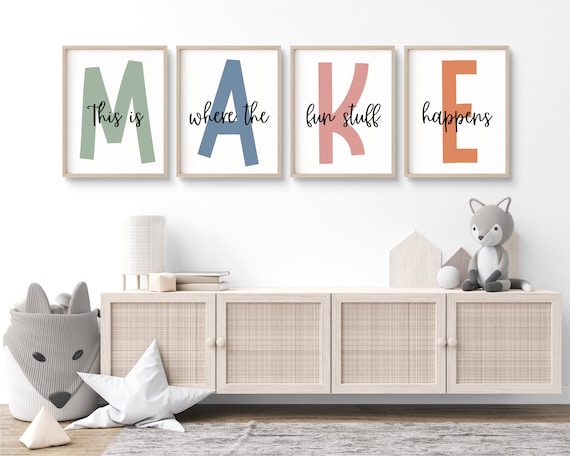 Make Sign Set of 4 STEM Classroom Wall Decor Art Corner Poster Playroom Wall Decor Montessori Creative Poster Lets Create and Learn Sign