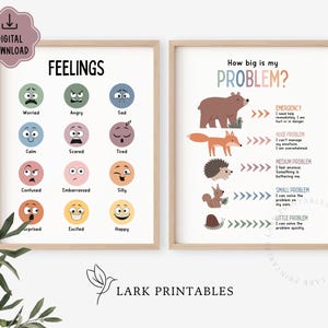May include: Two framed prints with the text "FEELINGS" and "How big is my PROBLEM?" The "FEELINGS" print shows illustrated faces representing emotions. The "PROBLEM" print uses animal illustrations to represent problem sizes. Both prints have a light wood frame.