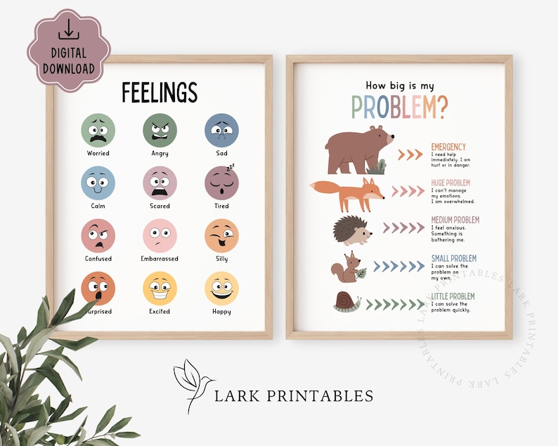 May include: Two framed prints with the text "FEELINGS" and "How big is my PROBLEM?" The "FEELINGS" print shows illustrated faces representing emotions. The "PROBLEM" print uses animal illustrations to represent problem sizes. Both prints have a light wood frame.