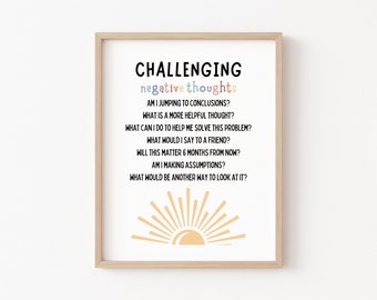 Challenging Negative Thoughts, Growth Mindset, Mental Health Poster, DBT, Psychology Office Decor, Anxiety Relief, School Counselor Office
