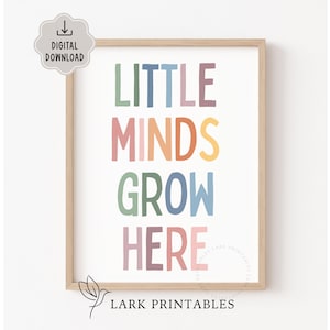 Könnte beinhalten: Ein gerahmter Druck mit den Worten "LITTLE MINDS GROW HERE" in bunten Blockbuchstaben. Der Druck befindet sich in einem hellen Holzrahmen und enthält ein "DIGITALER DOWNLOAD"-Symbol in der oberen linken Ecke. Das Lark Printables-Logo befindet sich unten.