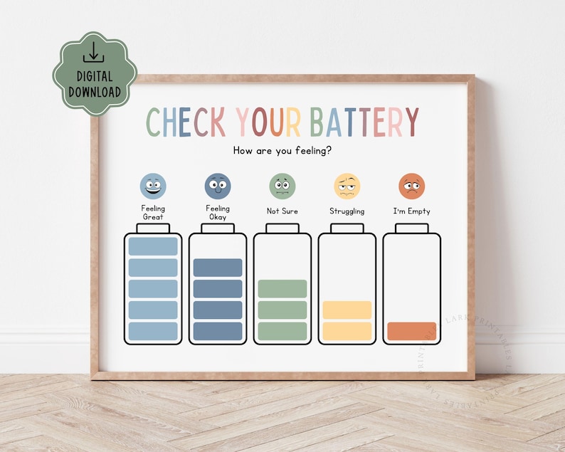 May include: A printable chart with the text "Check Your Battery" and a series of battery icons with different levels of fullness. The chart is designed to help people assess their emotional state and energy levels.