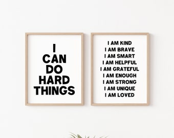 I Can Do Hard Things Poster Set of 2 Playroom Prints, Kids Affirmations, Motivational Classroom Decor, Nursery Wall Art, Positive Affirm