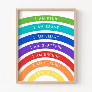Sztuka ścienna Rainbow Affirmations, Afirmacje dla dzieci, Jestem miły, kochany i wystarczająco odważny, Inspirująca sztuka ścienna do pokoju dziecięcego, Pozytywne afirmacje