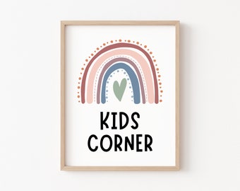 Kids Corner Printable, Boho Classroom Decor, Playroom Wall Decor, Calming Corner, Classroom Posters, Reading Corner, Kids Boho Rainbow