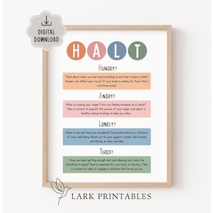 Könnte beinhalten: Ein druckbarer Poster mit dem Akronym HALT in großen Buchstaben. Das Poster ist ein Leitfaden, um vier häufige Auslöser für emotionale Dysregulation zu identifizieren und zu bewältigen: Hunger, Wut, Einsamkeit und Müdigkeit. Jeder Abschnitt enthält eine kurze Beschreibung und Vorschläge zum Umgang.