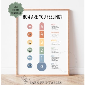 May include: A framed print with the text "HOW ARE YOU FEELING?" and a scale with emojis representing different emotions. The scale ranges from sad to angry, with corresponding coping strategies listed for each emotion. The print is labeled "DIGITAL DOWNLOAD" and "LARK PRINTABLES".