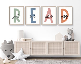 Lesen Sie Zeichen für Spielzimmer Nur eine weitere Seite Boho-Klassenzimmer-Dekor Spielzimmer-Wand-Dekor Set von 4 Spielzimmer-Drucken Buchstaben lesen Wandkunst Let's Read
