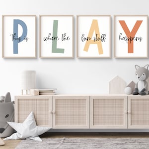 Set mit Spielzimmer-Drucken Spielzimmer-Wand-Dekor, Kinderzimmer-Wand-Kunst, Spiel-Zeichen, Kinderzimmer-Dekor Let&#39;s Play-Zeichen