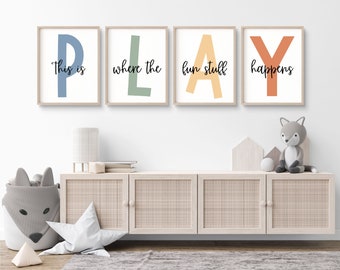 This Is Where The Fun Stuff Happens Set of Playroom Prints Playroom Wall Decor, Nursery Wall Art, Play Sign, Kids Room Decor Let's Play Sign