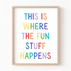 May include: A framed print with the text "This is where the fun stuff happens" in a rainbow of colors. The letters are outlined with white polka dots.