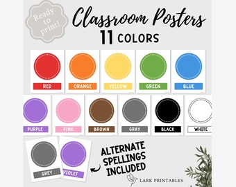 Può includere: Una collezione di 11 poster a colori per le aule. Ogni poster presenta un cerchio colorato con il nome del colore sottostante. I colori includono rosso, arancione, giallo, verde, blu, viola, rosa, marrone, grigio, nero e bianco. Sono incluse grafie alternative.