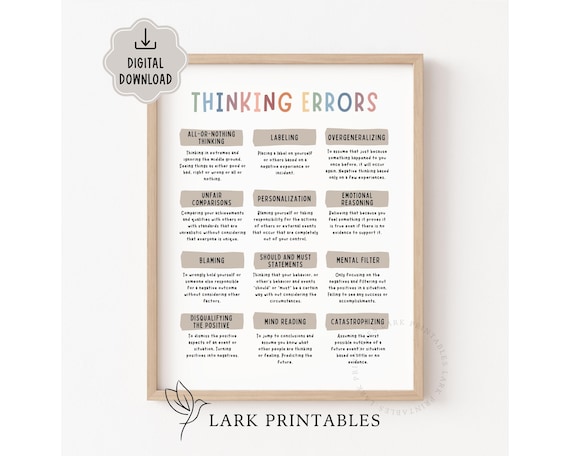 Thinking Errors Poster, Cognitive Distortions, Mental Health Poster, DBT, Psychology Office Decor, Challenging Negative Thoughts, Counselor