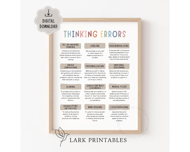 Póster sobre errores de pensamiento, distorsiones cognitivas, salud mental, TCD, decoración de consultorios de psicología, cómo desafiar los pensamientos negativos, consejero imagen 1