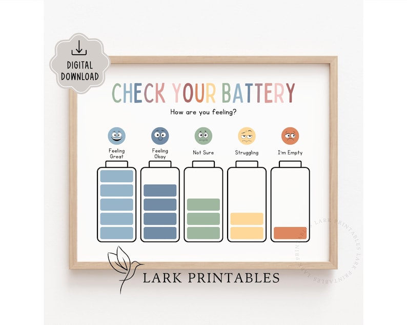 May include: A printable chart with the text "Check Your Battery" and a series of battery icons with different levels of charge. Each battery icon is paired with an emoji and text describing a feeling, such as "Feeling Great", "Feeling Okay", "Not Sure", "Struggling", and "I'm Empty".