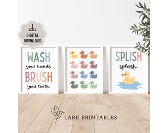 Set of 3 Kids Bathroom Prints, Colorful Fun Bathroom Decor, Rubber Duck Digital Art, Wash Hands Brush Teeth Set, DIGITAL DOWNLOAD