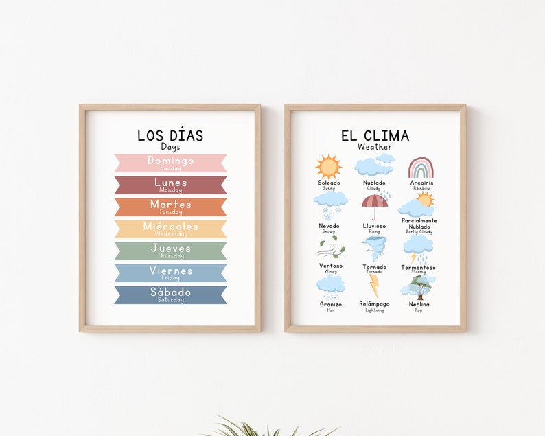 May include: Two framed educational posters in Spanish. The left poster features the days of the week in Spanish with colorful banners. The right poster features weather terms in Spanish with illustrations of different weather conditions.