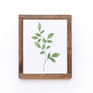May include: A framed watercolor painting of a green leafy branch with a white background.