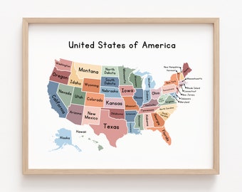 United States Map Educational Poster Printable Classroom Wall Decor Kids Wall Art Homeschool Pre-School Montessori Playroom Wall Decor