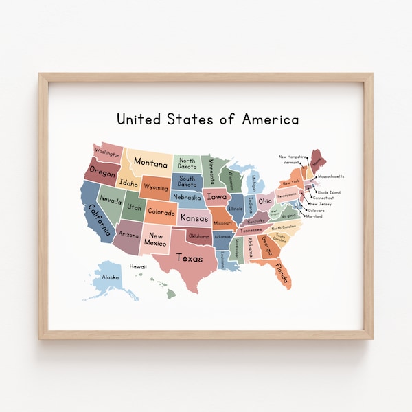 United States Map Educational Poster Printable Classroom Wall Decor Kids Wall Art Homeschool Pre-School Montessori Playroom Wall Decor