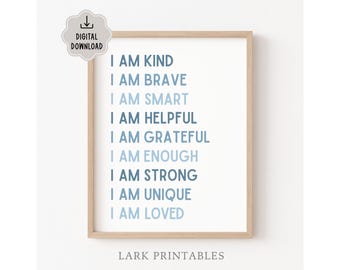 Daily Affirmations For Kids Printable in Blue, Kids Confidence Quotes, Positive Self Talk Reminders, Morning Affirmations, Boys Room Decor